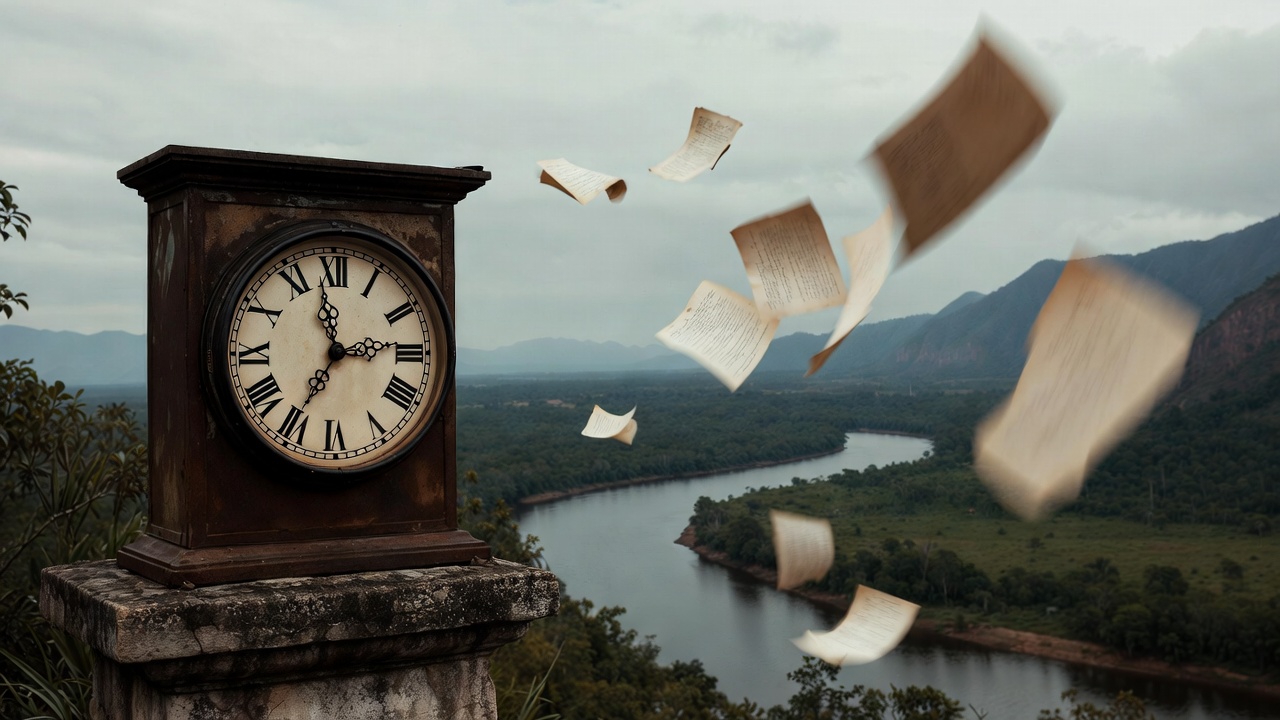 Relogio-antigo-enferrujado-em-primeiro-plano-ao-fundo-paisagem-natural-brasileira-com-rio-e-serras-papeis-voando-simbolizando-planos-nao-executado